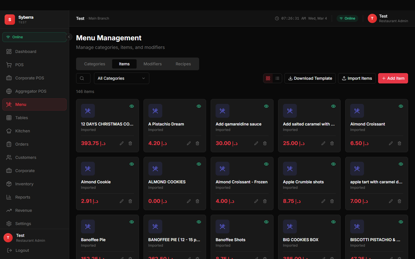 Syberra POS Menu Management