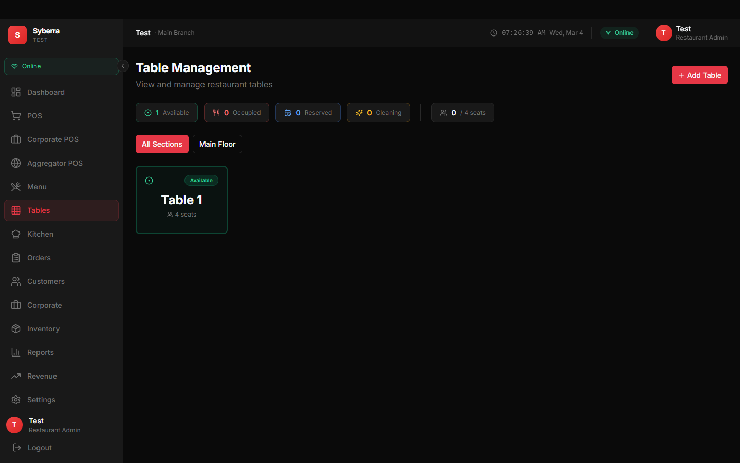Syberra POS Table Management